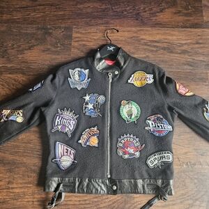 Vintage Jeff Hamilton Woman's NBA Team Logo Patches Wool/Leather Jacket